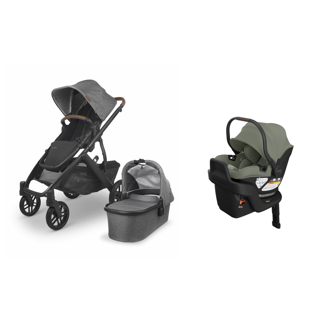 Greyson UPPAbaby Vista V2 stroller with matching Bassinet and Evelyn Aria V2 infant car seat with base