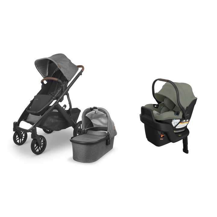 Greyson UPPAbaby Vista V2 stroller with matching Bassinet and Evelyn Aria V2 infant car seat with base