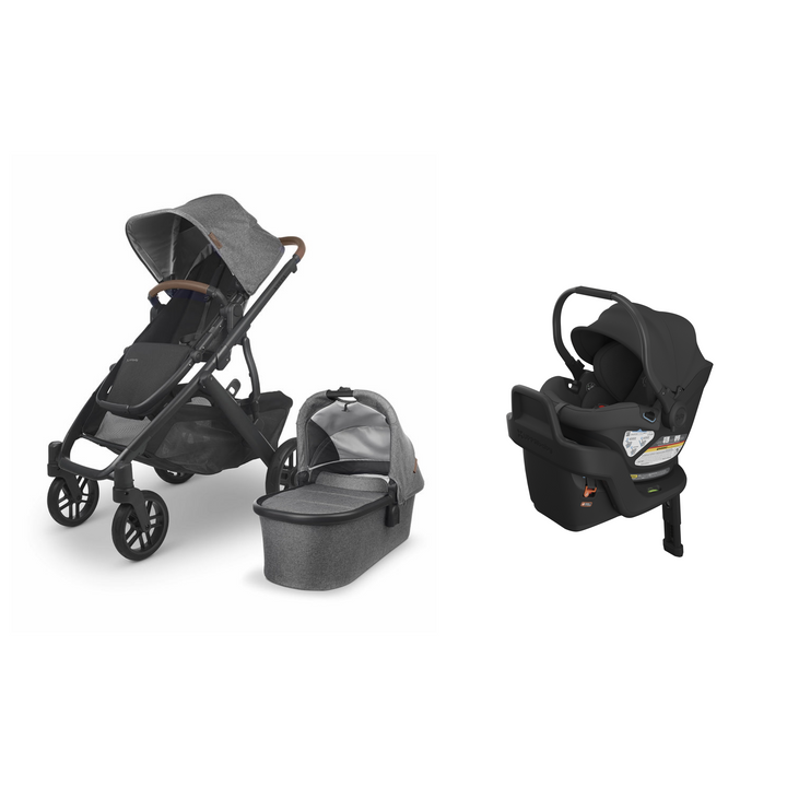 Greyson UPPAbaby Vista V2 stroller with matching Bassinet and Jake Aria V2 infant car seat with base