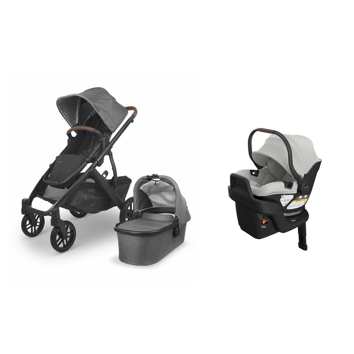 Greyson UPPAbaby Vista V2 stroller with matching Bassinet and Savannah Aria V2 infant car seat with base