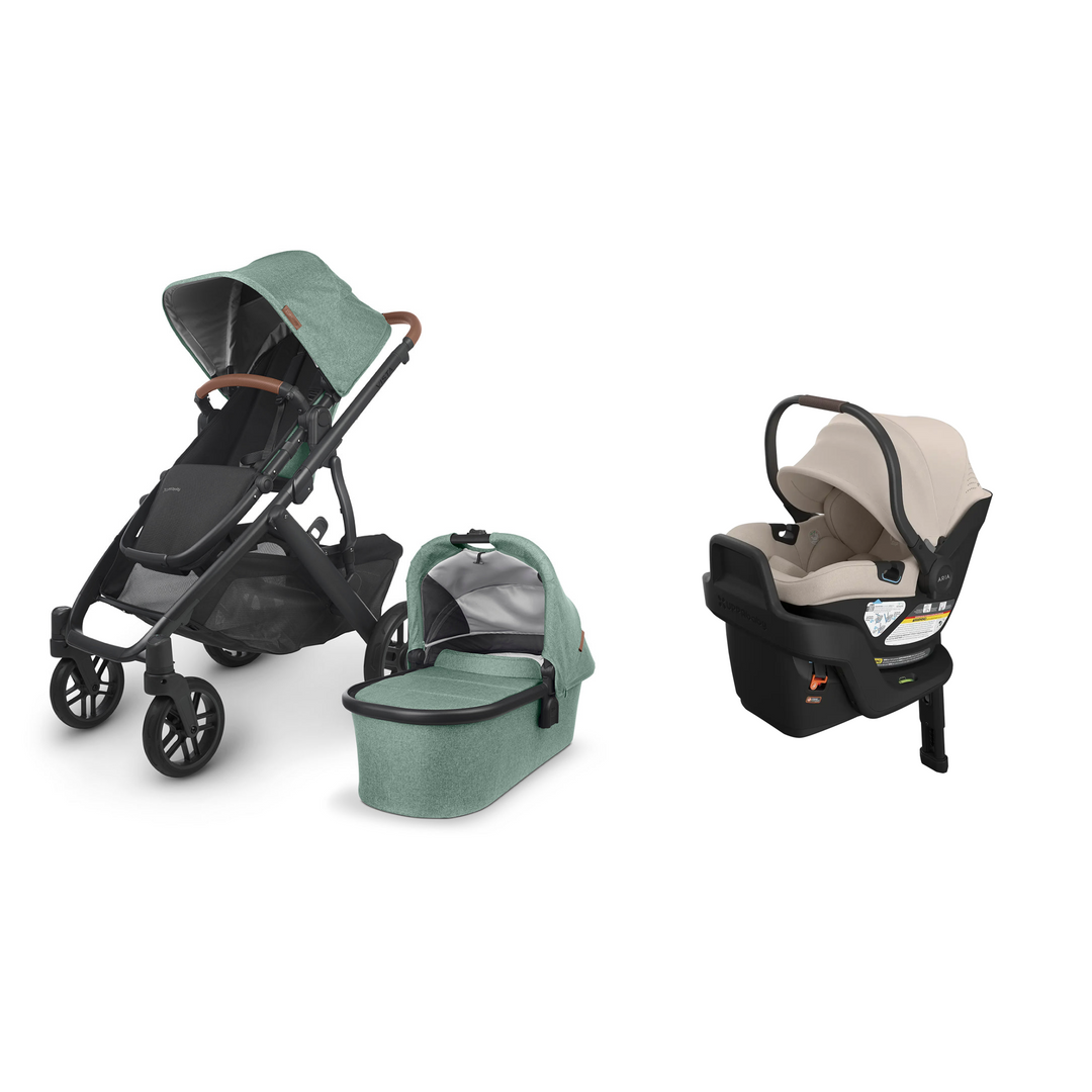 Gwen UPPAbaby Vista V2 stroller with matching Bassinet and Ada Aria V2 infant car seat with base