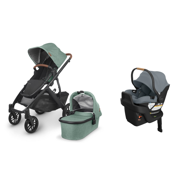 Gwen UPPAbaby Vista V2 stroller with matching Bassinet and Callum Aria V2 infant car seat with base
