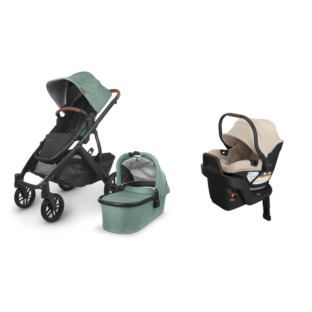 Gwen UPPAbaby Vista V2 stroller with matching Bassinet and Declan Aria V2 infant car seat with base