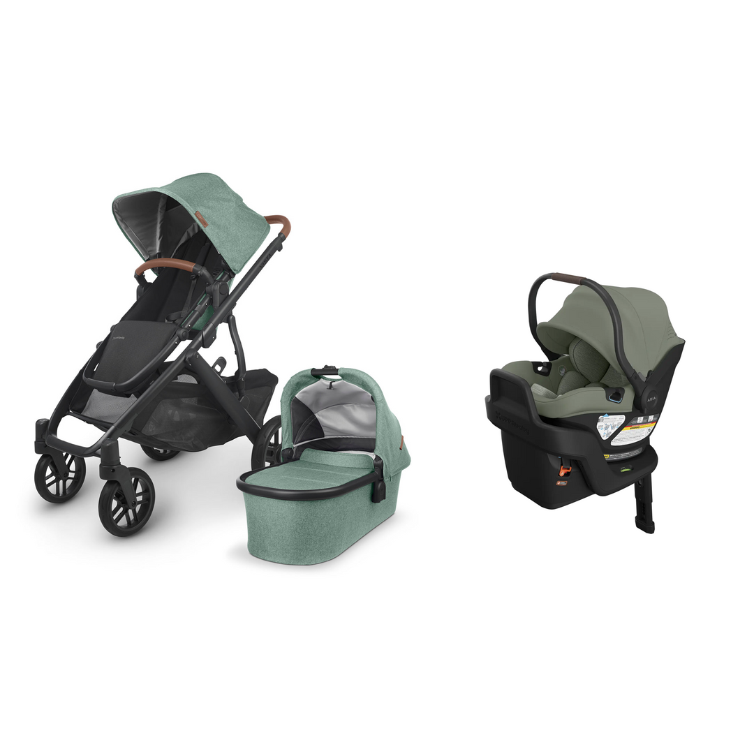 Gwen UPPAbaby Vista V2 stroller with matching Bassinet and Evelyn Aria V2 infant car seat with base