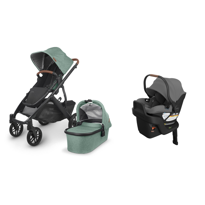 Gwen UPPAbaby Vista V2 stroller with matching Bassinet and Greyson Aria V2 infant car seat with base