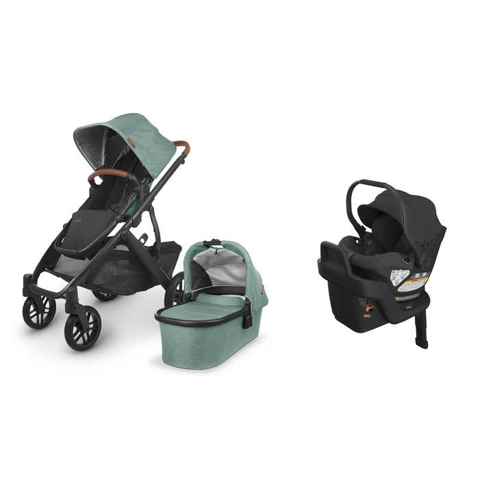 Gwen UPPAbaby Vista V2 stroller with matching Bassinet and Jake Aria V2 infant car seat with base