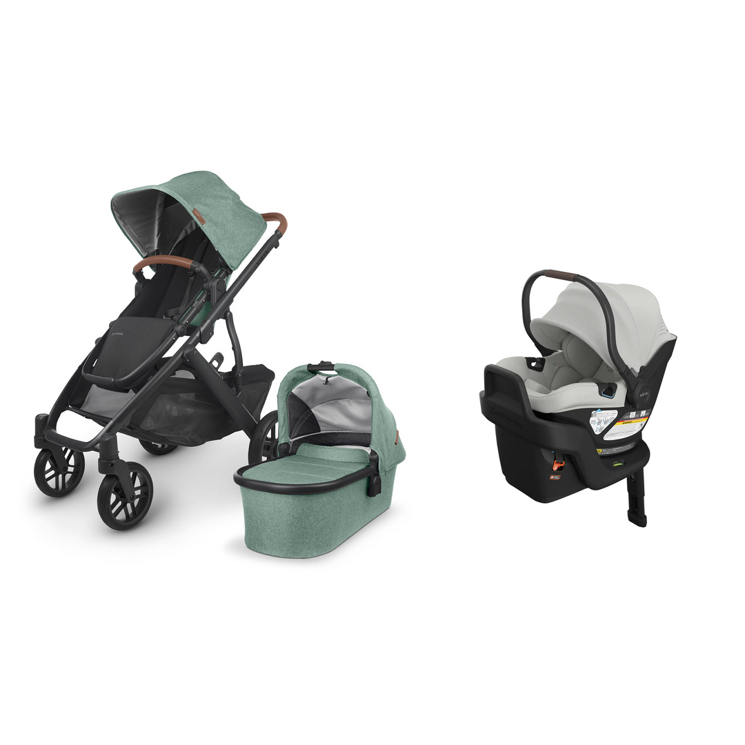 Gwen UPPAbaby Vista V2 stroller with matching Bassinet and Savannah Aria V2 infant car seat with base