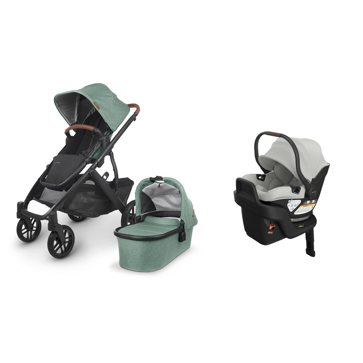 Gwen UPPAbaby Vista V2 stroller with matching Bassinet and Savannah Aria V2 infant car seat with base