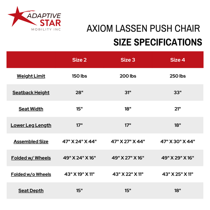 Adaptive Star Axiom LASSEN 4 Lassen Push Chair - Red size chart 