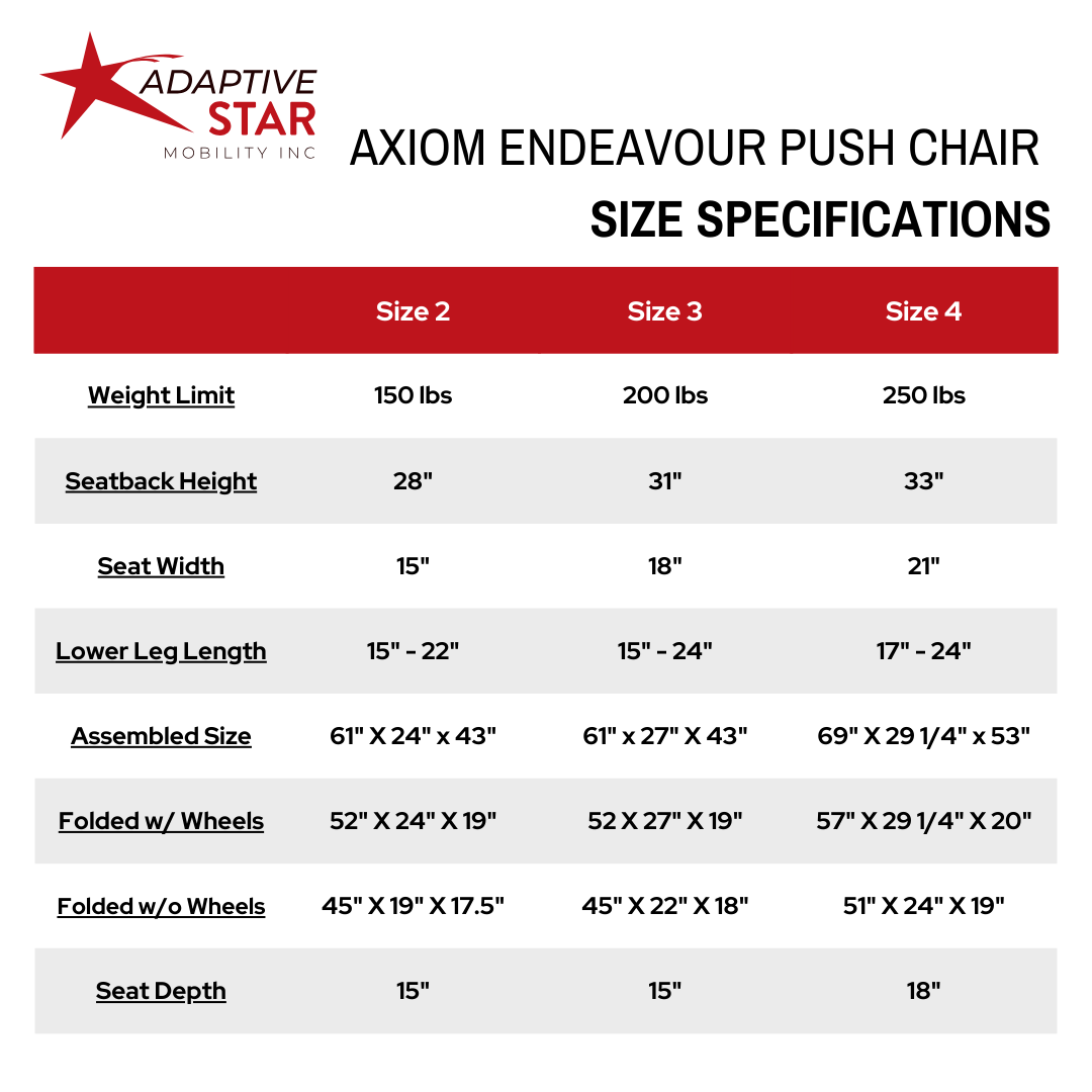 Adaptive Star Axiom ENDEAVOUR 2 Endeavour Push Chair - Red size chart 