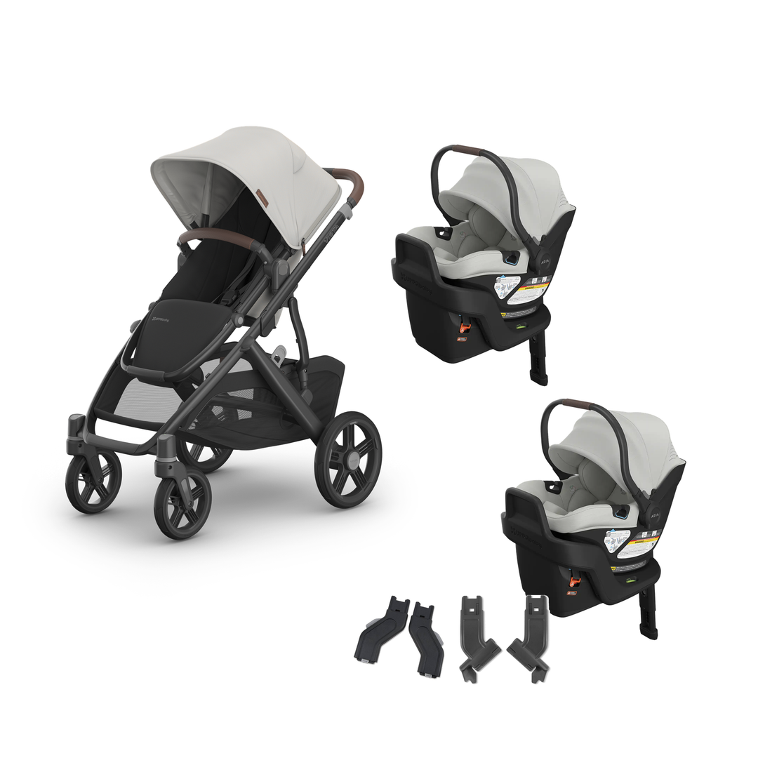 UPPAbaby Vista V3 Twin Aria V2 Travel System in Savannah — all included components