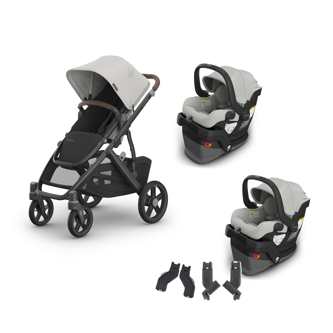 UPPAbaby Vista V3 Twin Mesa V3 Travel System in Savannah — all included components