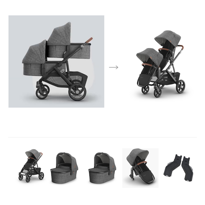 UPPAbaby Vista V3 Twin Bassinet Grow Stroller in Greyson — official parent-use configuration and all included components — CK parent-use V3