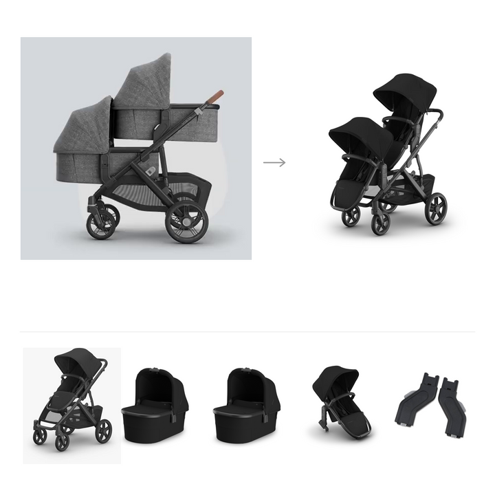 UPPAbaby Vista V3 Twin Bassinet Grow Stroller in James — official parent-use configuration and all included components — CK parent-use V3