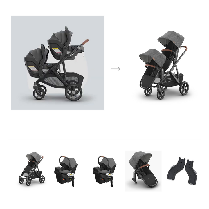 UPPAbaby Vista V3 Twin Aria V2 Grow Travel System in Greyson — official parent-use configuration and all included components — CK parent-use V3