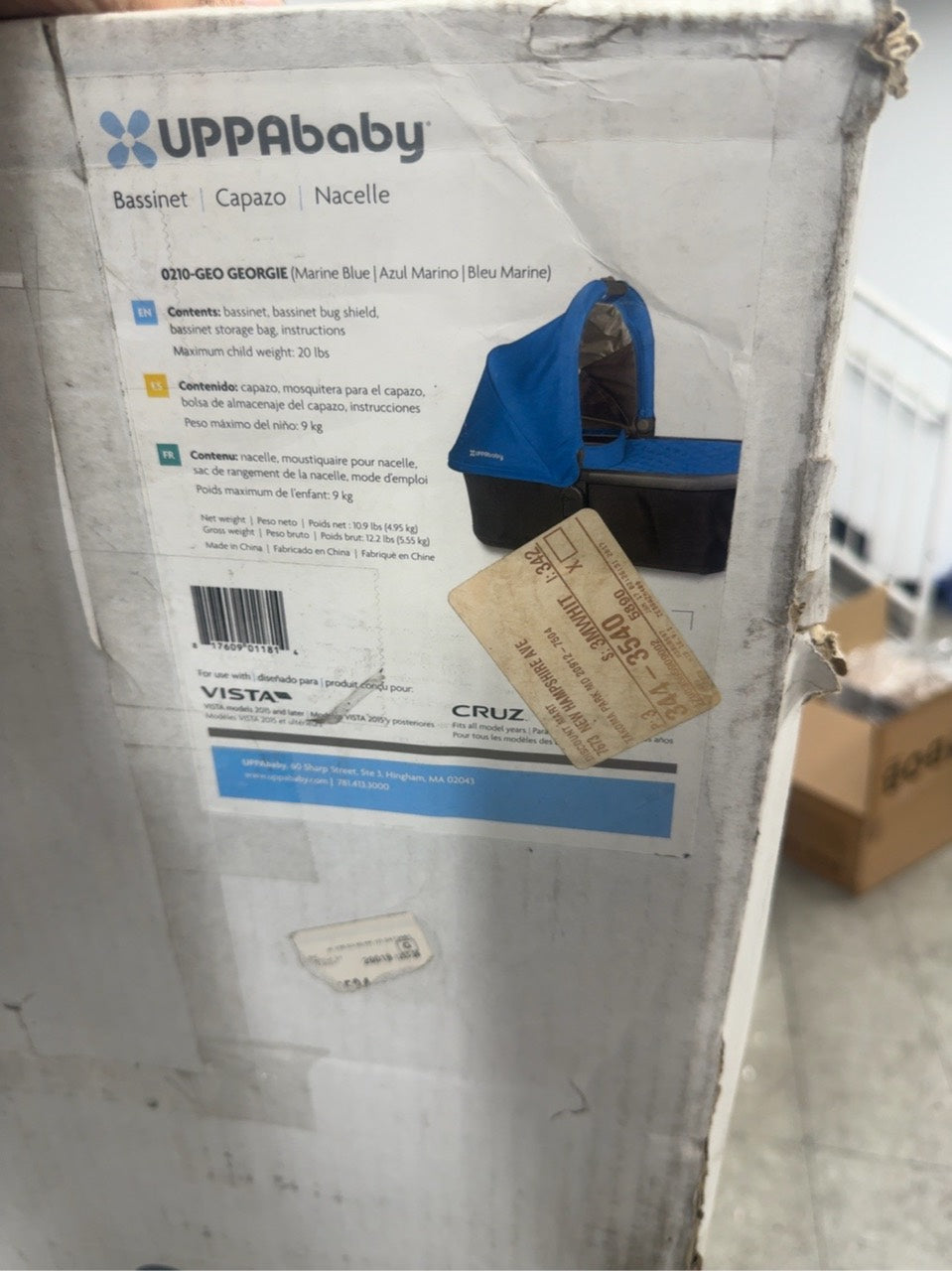 Actual damaged packaging — UPPAbaby 2015 Bassinet, Georgie Marine Blue (0210-GEO)