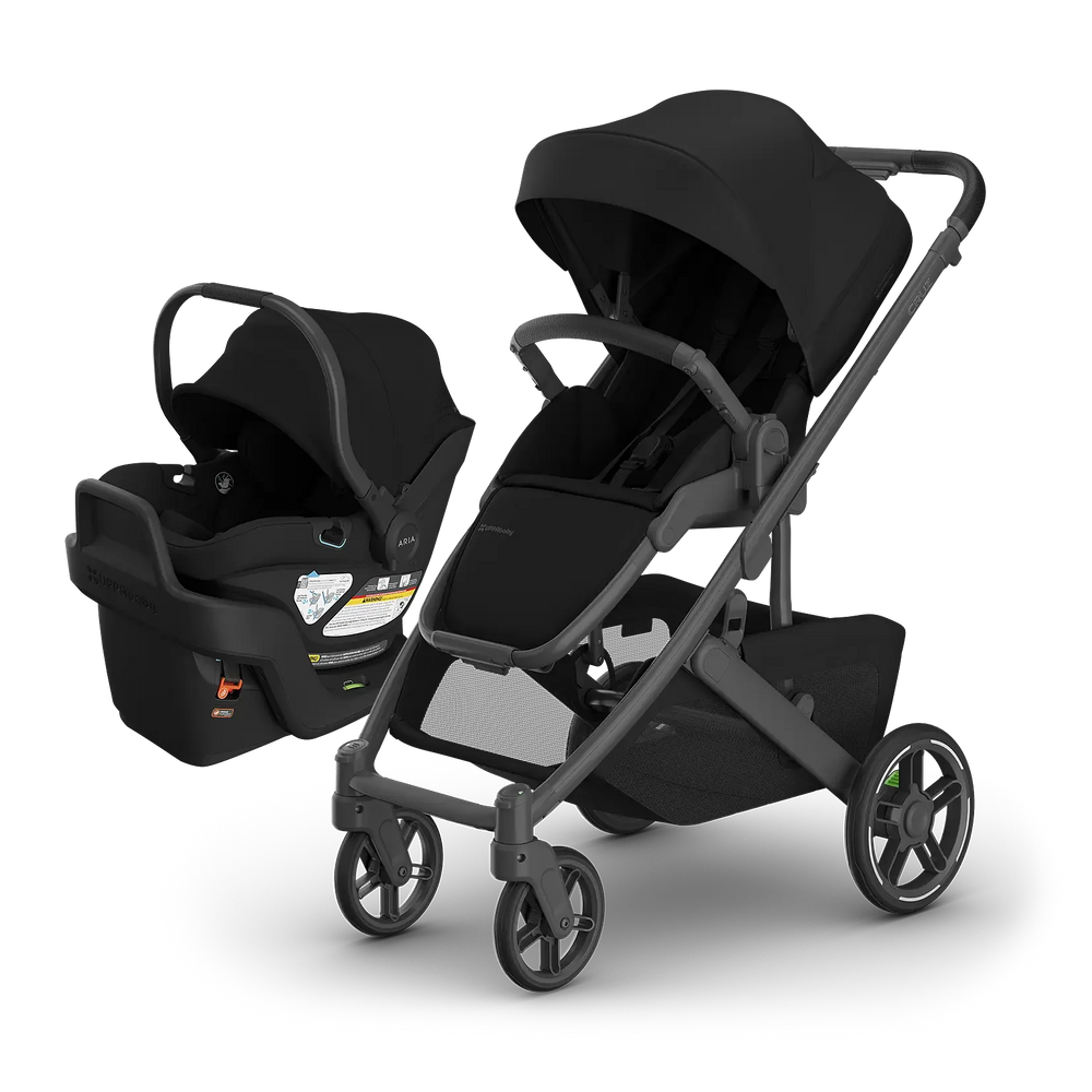 UPPAbaby Cruz V3 stroller and Aria V2 infant car seat with base, both in James