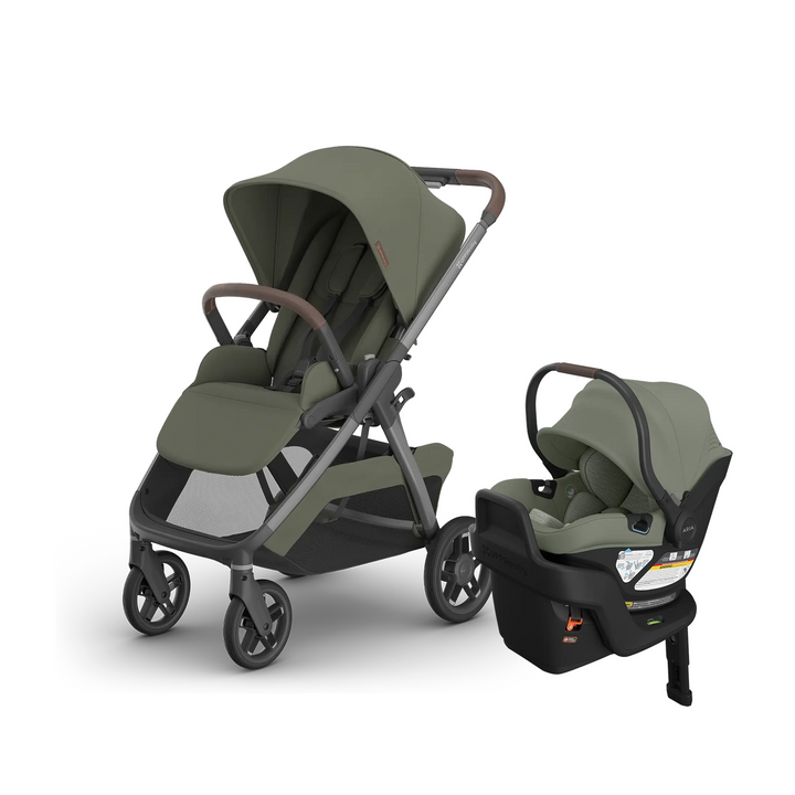 UPPAbaby Kona stroller in Evelyn with Aria V2 infant car seat and base in Evelyn