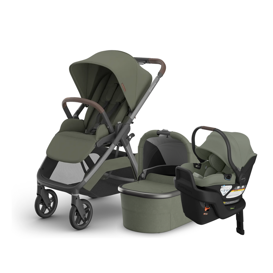 UPPAbaby Kona stroller in Evelyn with Bassinet V3 and Aria V2 infant car seat and base in Evelyn