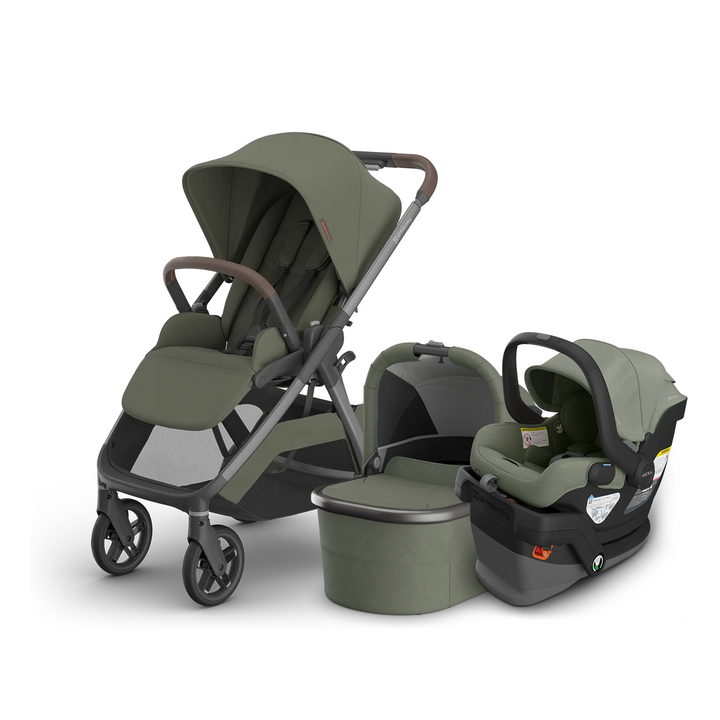 UPPAbaby Kona stroller in Evelyn with Bassinet V3 and Mesa V3 infant car seat and base in Evelyn