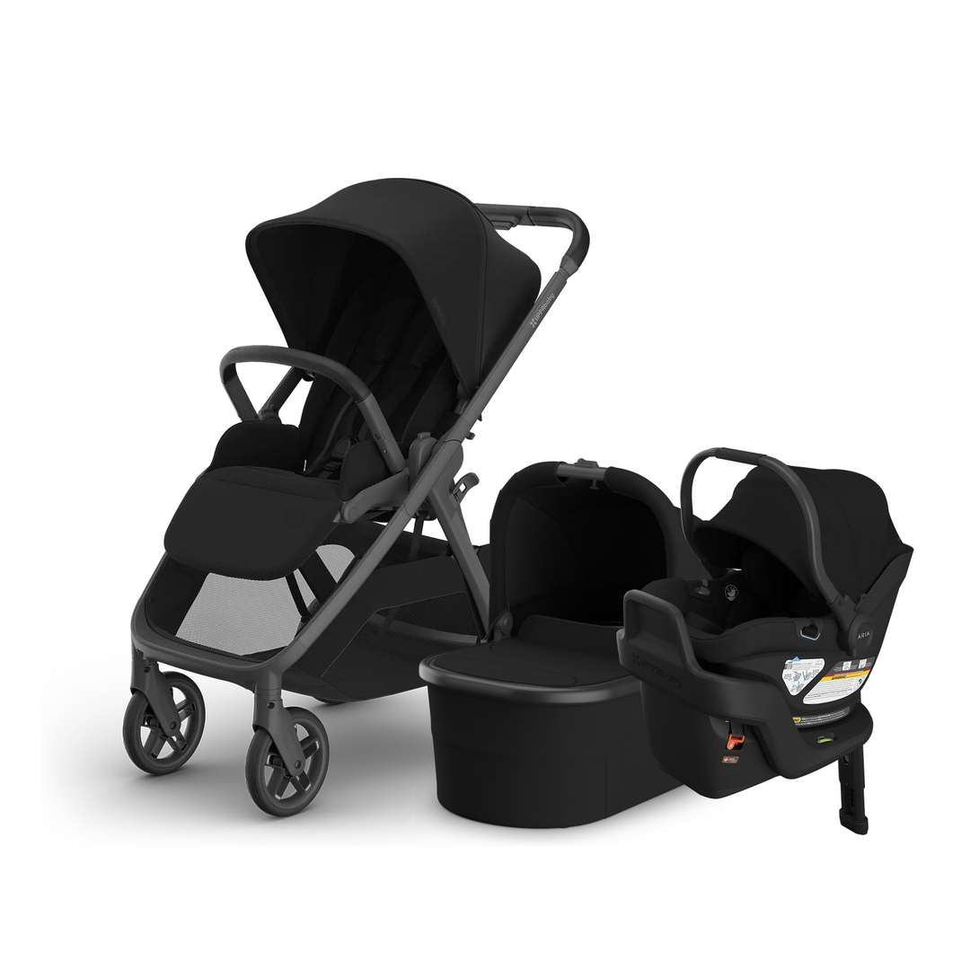 UPPAbaby Kona stroller in James with Bassinet V3 and Aria V2 infant car seat and base in James