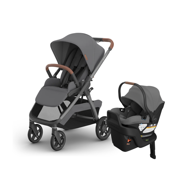 UPPAbaby Kona stroller in Rowan with Aria V2 infant car seat and base in Greyson