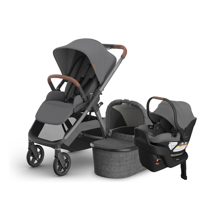 UPPAbaby Kona stroller in Rowan with Bassinet V3 and Aria V2 infant car seat and base in Greyson