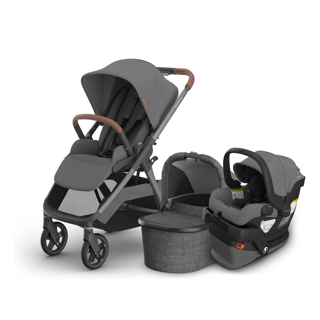 UPPAbaby Kona stroller in Rowan with Bassinet V3 and Mesa V3 infant car seat and base in Greyson