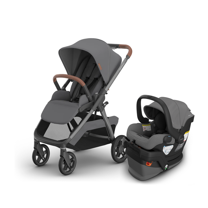 UPPAbaby Kona stroller in Rowan with Mesa V3 infant car seat and base in Greyson