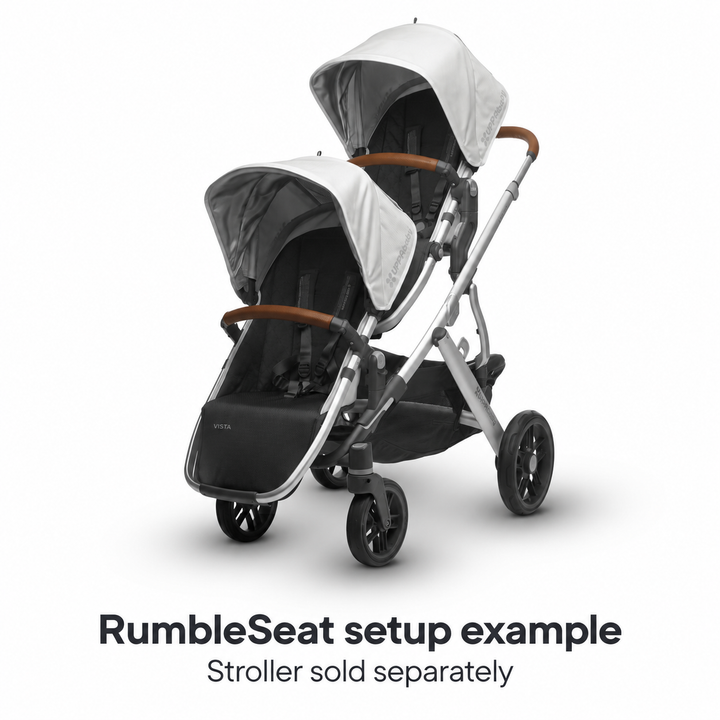 Loic RumbleSeat setup illustration based on catalog photography, labeled Stroller sold separately. Listing includes one RumbleSeat and its replacement adapter pair.