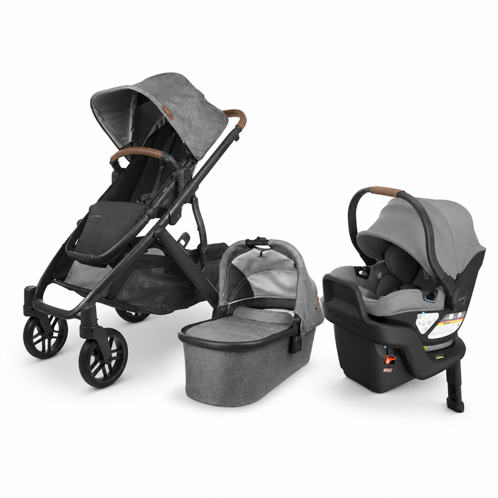 UPPAbaby Vista V2 stroller with bassinet and Aria V2 infant car seat with base in Greyson