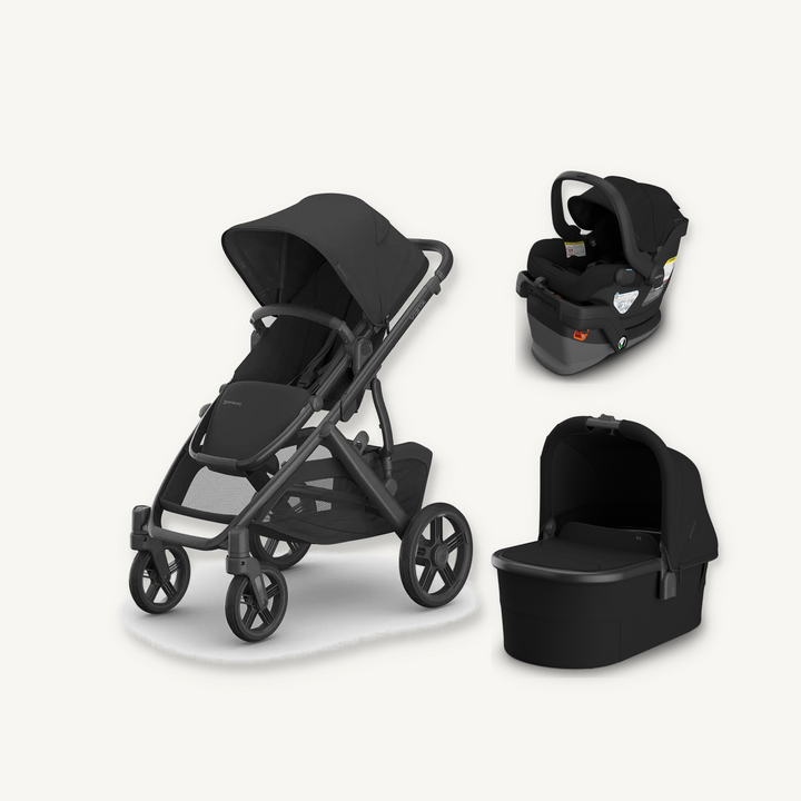 UPPAbaby Vista V3 stroller with toddler seat, separate Bassinet V3, and separate Mesa V3 infant car seat in James