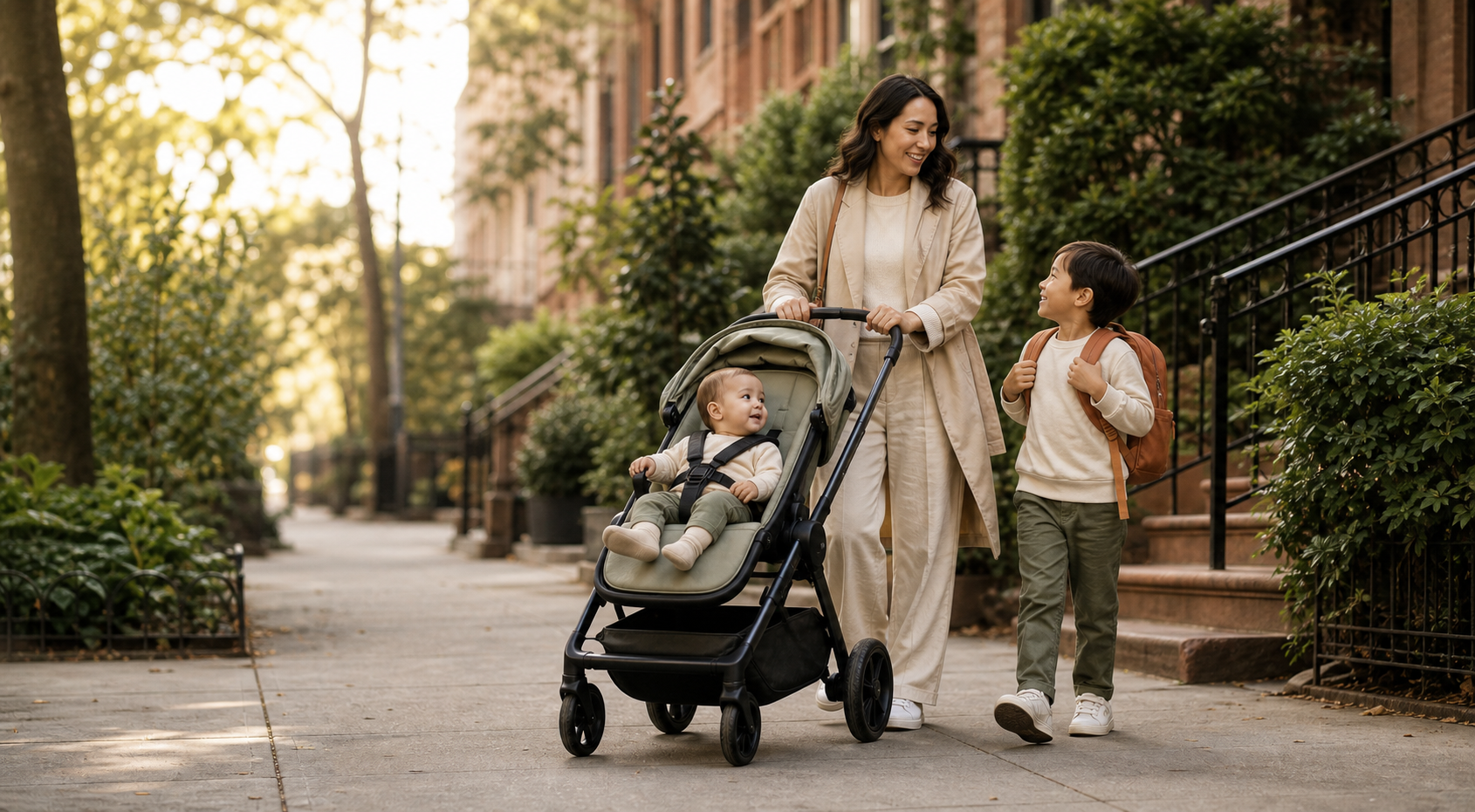 A parent pushes a stroller while walking with a child wearing a backpack on the morning school run