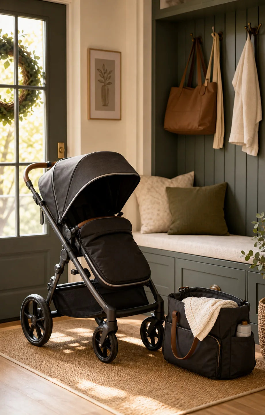 Baby stroller ready by the door in a family home