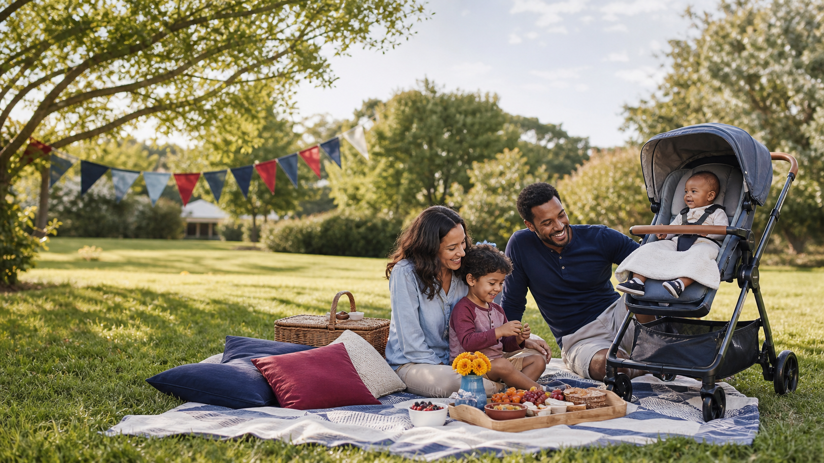 A family of four shares a Labor Day weekend picnic with their baby in a stroller