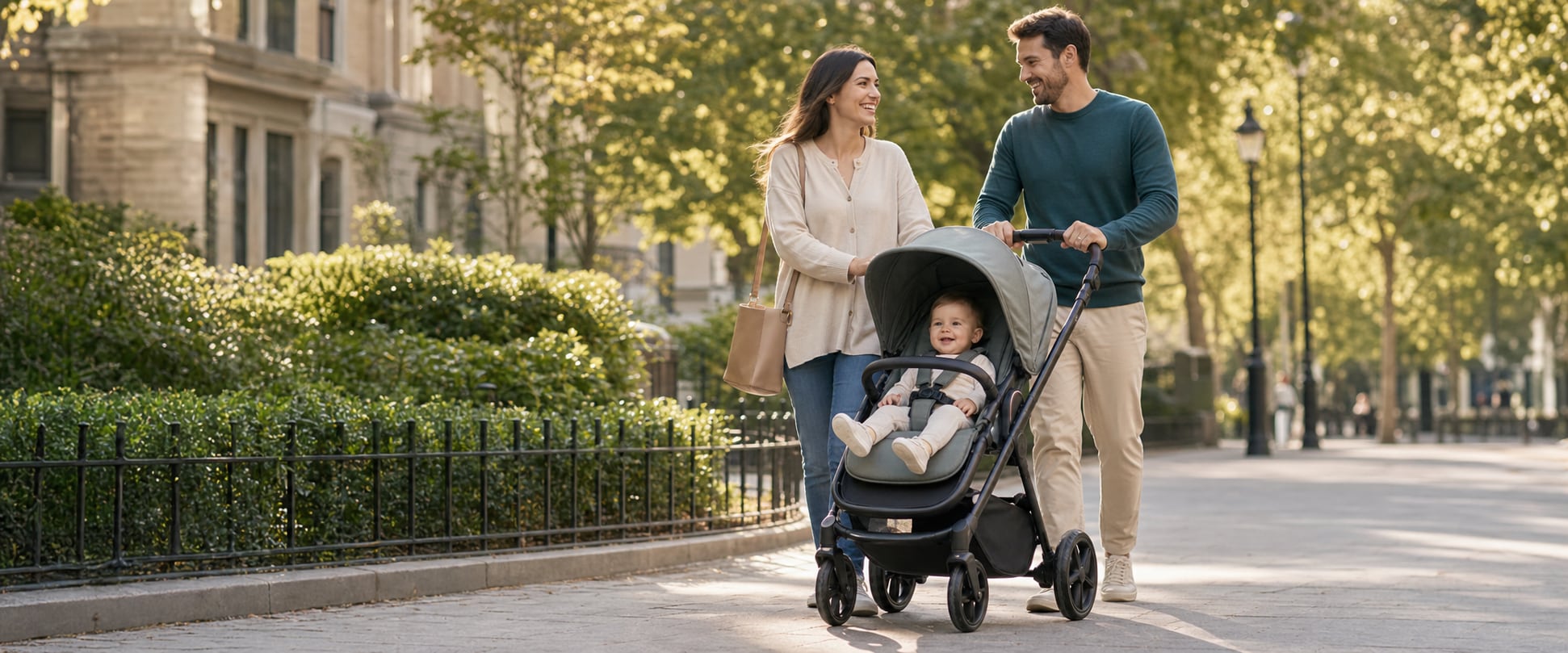Parents enjoying a sunny walk with their child in a stroller