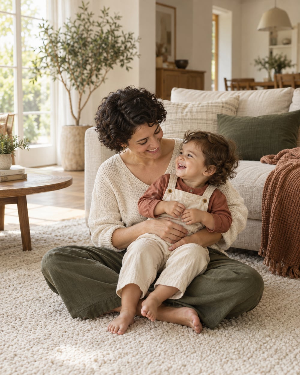 A mother and toddler sharing a playful moment at home
